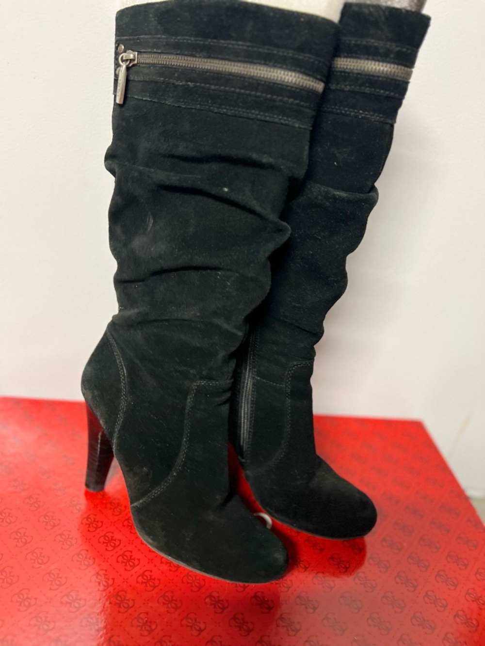 Guess Black Suede Slouchy High-Heel Mid-Calf Boots